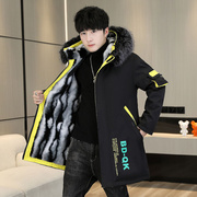 加绒夹克男冬季2023韩版潮流，学生中长款工装，外套带毛领派克服