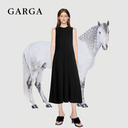 garga休闲圆领黑色无袖连衣裙，女赫本风气质，小黑裙垂感背心长裙子