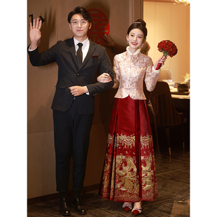 新中式马面裙敬酒服套装婚服新娘，红色秋冬季长袖保暖旗袍订婚礼服