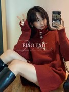 RIXO EXIT法式酒红色高领毛衣女中长款秋冬加厚大翻领针织连衣裙