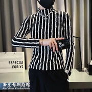 秋冬季半高领t恤男长袖条纹打底衫精神小伙痞帅上衣潮牌ins卫衣服