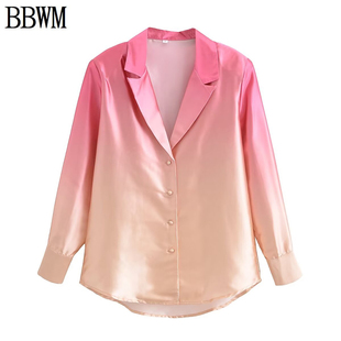 BBWM 欧美女装时尚百搭粉橘渐变宽松长袖衬衫