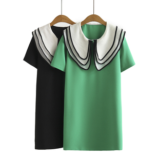 2022夏季韩版简约女士，时尚长裙显白绿色，娃娃领短袖大码连衣裙