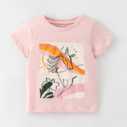 欧美女童粉红色短袖T恤宝宝纯棉夏装儿童卡通女孩半袖上衣打底衫3