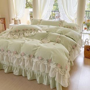 韩式绿色水洗全棉床上四件套，100纯棉公主，风蕾丝花边被套床单少女4
