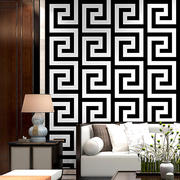 中式壁纸古典中国风格禅意客厅，现代简约新中式，黑白回纹银灰色墙纸