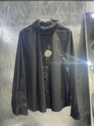 欧洲站时尚设计感黑色，立领配花花衬衫，女纯色韩系气质衬衫上衣
