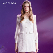 vjcolivia2024春夏v领西装，裙白色高腰泡泡，袖连衣裙通勤女装新
