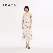 Kavon/卡汶艺术气息水墨蕙兰花卉印花大气轻奢短袖新中式女连衣裙