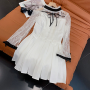 日系甜美纯色透明长袖系带连衣裙，蕾丝流行中长裙时尚休闲洋气d$10