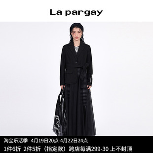 纳帕佳2024年春季黑色，简约拼接网纱西装，外套优雅个性长外套
