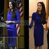 高端私人定制amal clooney同款宝蓝色褶皱连衣裙女中长款修身OL秋