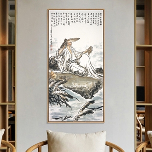 姜太公钓鱼画茶室挂画新中式客厅走廊过道壁画佛系禅意茶室装饰画