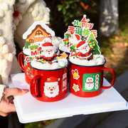圣诞节创意搪瓷杯蛋糕，装饰摆件红色茶缸杯圣诞，贴纸圣诞老人小摆件