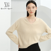 雪歌羊毛混纺慵懒风毛衣女2023冬季个性，v领浅米色长袖针织衫