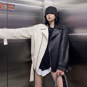 黑白撞色皮衣外套，女2022秋季欧美时尚，宽松休闲机车服pu皮夹克