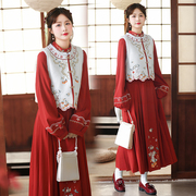 新中式国风重工刺绣马夹复古立领红色连衣裙两件套旗袍小个子长裙