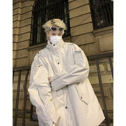 PU皮衣棉服美式高街男生冬季外套oversize小众立领棉袄白色棒球服