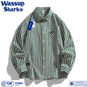 wassupshark日系条纹复古衬衫，男春秋牛仔提花夹克，外套休闲衬衣女