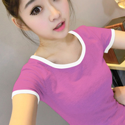 紫色上衣女甜美短袖圆领拼接t恤夏季短款紧身打底衫洋气半袖体恤