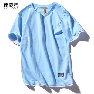 夏季个性假两件短袖t恤男士宽松圆领纯色，打底衫半袖韩版潮流体恤