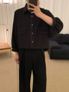阿茶与阿古黑色明线中袖衬衫男高级感春季设计感花苞袖休闲衬衣