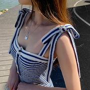 地球店蓝白条纹海军风小香针织吊带连衣裙女夏季减龄A字裙