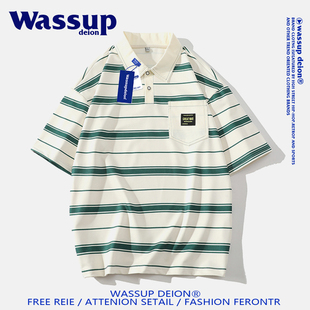 wassupdeion潮牌条纹POLO衫男夏季宽松大码翻领半袖T恤情侣款上衣
