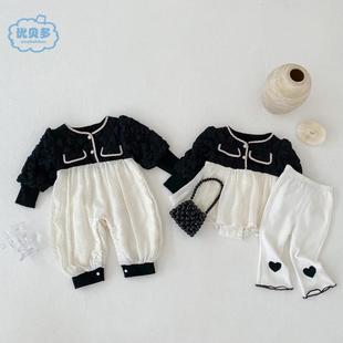 2022秋季婴儿哈衣套装黑白连体衣两件套公主小香风女宝宝衣服