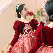 儿童晚礼服女童红色婚纱花童公主，裙生日宴会小孩小主持人钢琴服装