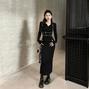 SPICY 辣妹设计感黑色开叉连衣裙束腰高领拉链甜酷修身长袖中长裙