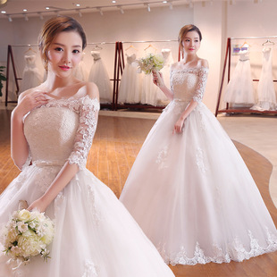 一字肩婚纱礼服2023结婚韩版大码新娘，中袖公主显瘦婚纱g18