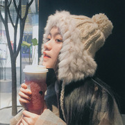 韩国nykorcaps秋冬季毛线，帽女可爱毛球耳护保暖兔毛针织帽子
