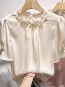 2023韩国气质显瘦纯色立领，花朵钉珠套头，短袖雪纺衫女夏季衬衫
