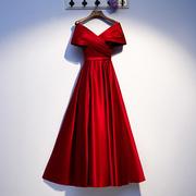 红色敬酒服新娘，2024v领显平时可穿连衣裙主持人，长款晚礼服定