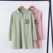 秋季甜美马卡龙色三粒扣口袋樱桃装饰长袖polo衫长款T恤13546