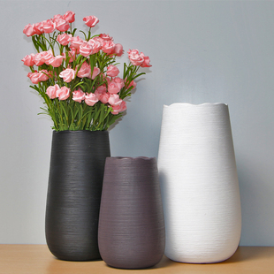 现代简约陶瓷白色花瓶，手工拉丝客厅插花北欧仿真花，干花器大号摆件