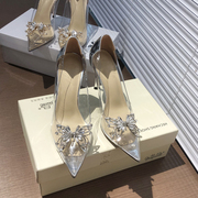 水钻蝴蝶透明水晶单鞋，女细跟尖头浅口高跟鞋，性感气质女鞋法式婚鞋