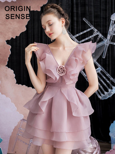 小众设计v领蝴蝶，袖欧根纱粉色，公主蓬蓬裙超短小个子晚礼服连衣裙