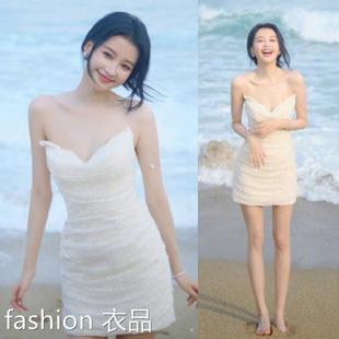 香港2024夏季孙怡同款，白色吊带连衣裙气质温柔甜美领褶皱短裙女潮