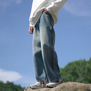  春装男牛仔裤420g重磅水洗复古色条纹直筒宽松垂感长裤