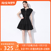 AUI黑色设计高级感褶皱连衣裙女2023夏季无袖小众修身小黑裙