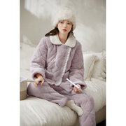 思莉太太三层夹棉睡衣，冬季女珊瑚绒，加厚加绒超厚紫色甜美冬天棉服