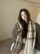 马海毛加厚格纹围巾，女冬季韩版ins风复古格