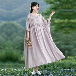文艺紫灰色细皱苎麻高腰宽松连衣裙，2022年夏双层(夏双层)显高旅行仙女裙