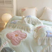 冬季牛奶绒保暖床品四件套韩式雪纺纱花边立体贴布绣被套加厚床单