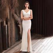 白色连衣裙成人礼宴会高端晚礼服性感气质鱼尾长裙主持人晚装