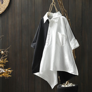 黑白撞色拼接短袖衬衫女设计感小众夏装宽松气质短袖后背开叉上衣