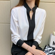 法式黑白撞色衬衫女上衣2023秋装设计感小众时尚v领长袖衬衣