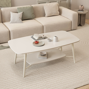 奶油风岩板茶几客厅家用小户型侘寂长方形双层白色现代简约茶几桌